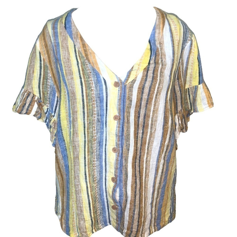 Anthropologie Drew Size Medium Striped Linen Blend Button Down Top Multi Color